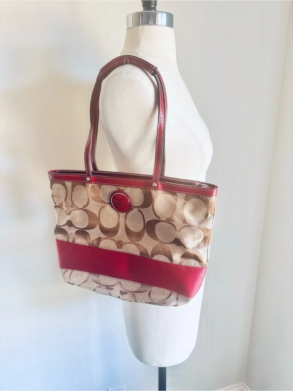 Coach Signature Canvas Tote Tan with Cranberry Red Trim